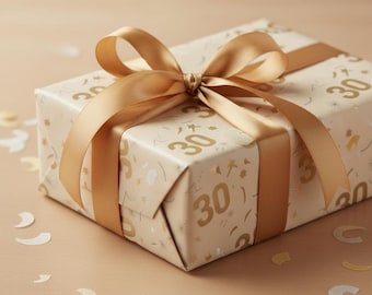 Elegant 30th Birthday Wrapping Paper | Gold 30 Milestone Gift Wrap | Neutral Beige Birthday Paper | Classy 30th Celebration Wrap