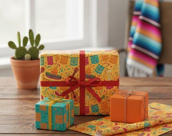 Papel de envolver Fiesta Mexicana / Patrón de Guitarra, Sombrero y Margarita / Envoltura de Regalo Papel Picado para Fiestas, Cinco de Mayo + Cumpleaños