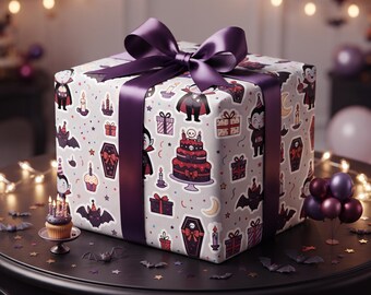 Vampire Halloween Birthday Wrapping Paper | Cute Spooky Gift Wrap | Kawaii Vampire Birthday | Halloween Birthday Gift Wrap