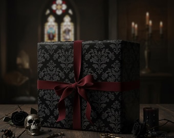 Black Damask Wrapping Paper | Gothic Elegant Baroque Pattern | Vintage Victorian Gift Wrap | Dark Wedding Decor | Halloween Aesthetic