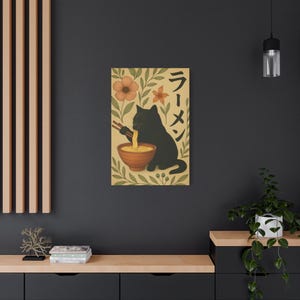 Japandi Cat Ramen Wall Art | Minimalist Noodle Black Cat Poster with Floral Accents | Japanese Kitchen Decor | Kawaii Matte Canvas or Print