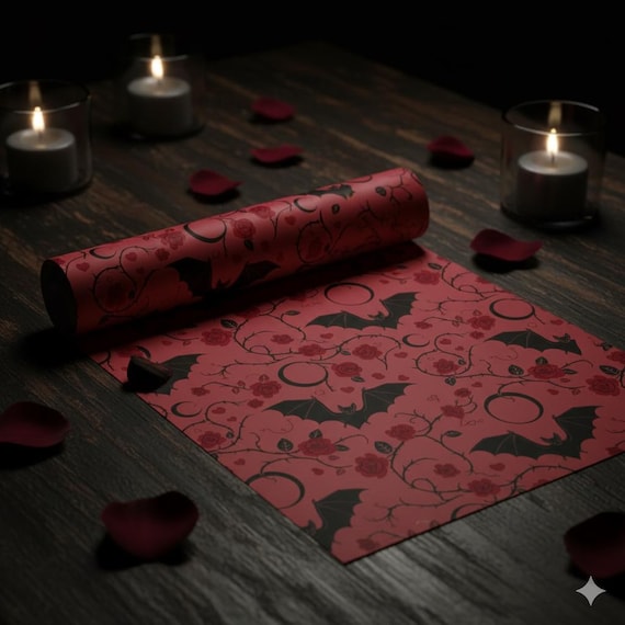 Gothic Valentine's Day Wrapping Paper | Dark Romance Bat & Rose Gift Wrap | Cherry Red Valentine Wrap | Alternative Love Aesthetic