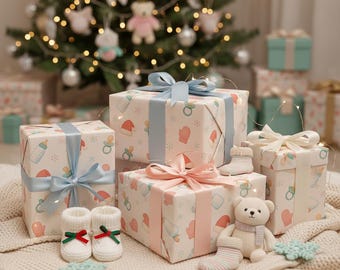 Baby Christmas Wrapping Paper - Pastel Bottles, Mittens, Pacifiers & Santa Hats | Cute Newborn Holiday Gift Wrap for Boys + Girls