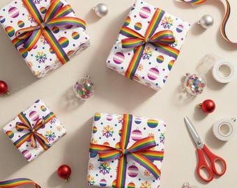 LGBTQ+ Ornament Wrapping Paper | Rainbow Pride Christmas Gift Wrap | Colorful Holiday Snowflake Design