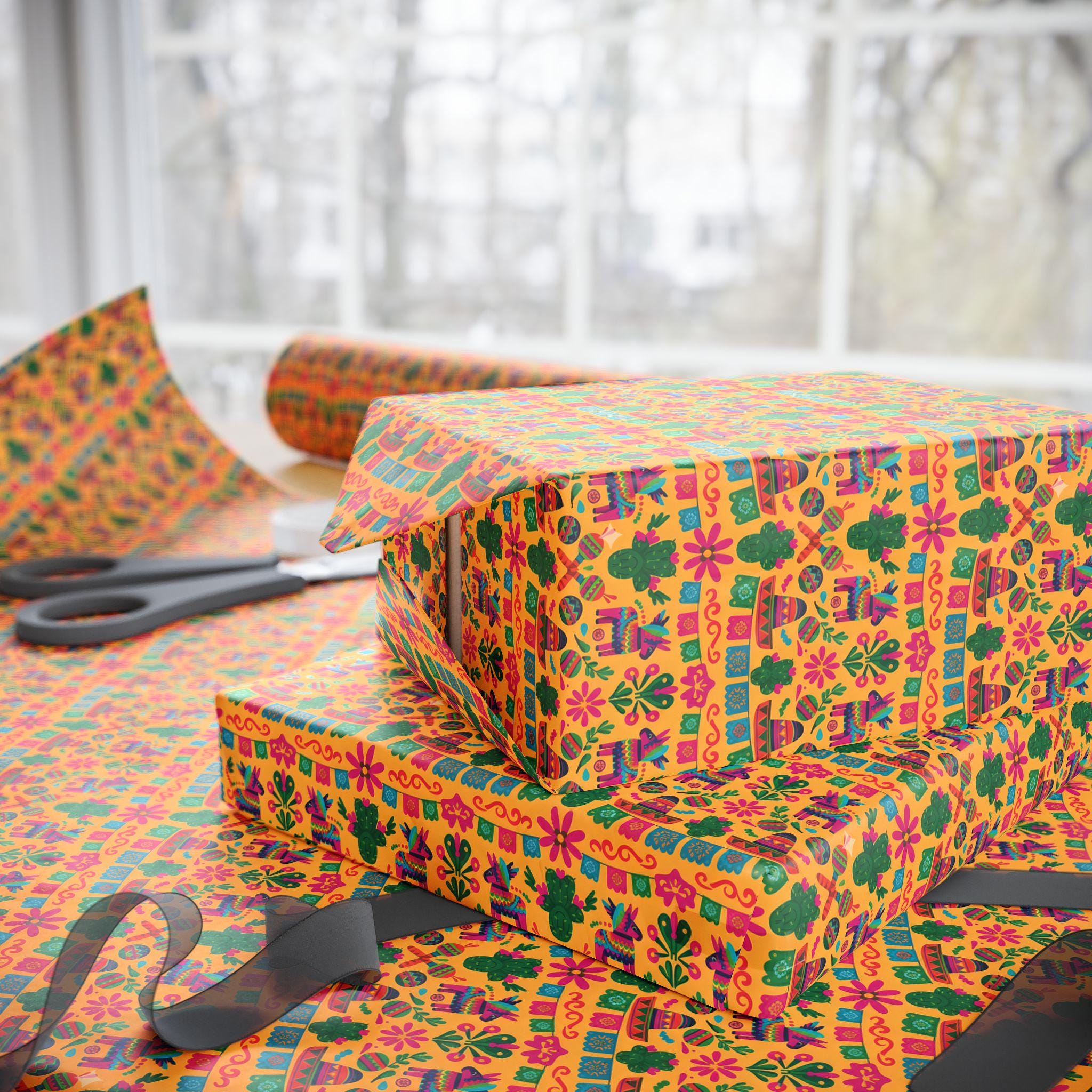 Mexican Fiesta Wrapping Paper | Colorful Piñata, Sombrero & Papel ...
