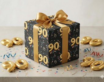 90th Birthday Wrapping Paper | Gold Balloon 90 Gift Wrap | Elegant Milestone 90th Birthday Wrap | Confetti Celebration Gift Wrap
