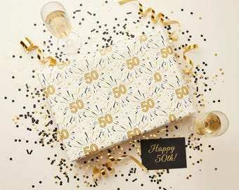 50th Birthday Wrapping Paper | Gold 50 Gift Wrap | Elegant Milestone Birthday Paper | Black and Gold Celebration Wrap