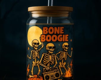 Bone Boogie 16oz Halloween Sipper Cup | Dancing Skeletons Tumbler With Straw | Retro Jack-O-Lantern Travel Cup