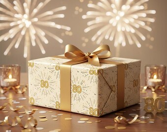 80th Birthday Wrapping Paper | Gold 80 Milestone Gift Wrap | Elegant 80th Birthday Gift Wrap | Celebration Wrapping Paper