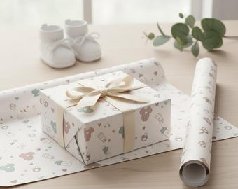 Baby Shower Wrapping Paper | Neutral Baby Gift Wrap | Gender Neutral Baby Pattern | Baby Bottle | Onesie | Pacifier | Rattle