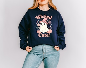 Wicked Cute Pink Halloween Sweatshirt | Girly Ghost in Witch Hat Pinkoween Crewneck | Pastel Spooky Season Fall Pullover