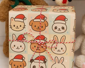 Cute Animal Christmas Wrapping Paper | Kawaii Cat, Dog, Panda & Bunny Gift Wrap | Pastel Holiday Wrapping Paper | Cute Xmas Gift Wrap