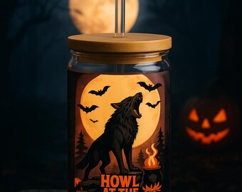 Howl at the Moon 16oz Halloween Sipper Cup | Werewolf Tumbler With Straw | Spooky Jack-O-Lantern Travel Cup | Double-Wall Insulated