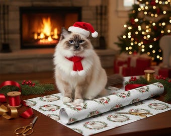 Birman Cat Christmas Wrapping Paper | Cute Cat Gift Wrap | Holiday Wreath Pattern | Pet Lover Xmas Paper