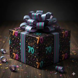 May include: A wrapped gift box with a black background, adorned with colorful confetti and the number "70". The box is tied with a teal and purple ribbon and bow. The gift sits on a wooden surface.