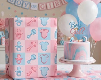 Gender Reveal Wrapping Paper | Baby Shower Gift Wrap | Pink & Blue Baby Icons Pattern | Bottle Pacifier Onesie Rattle Baby Paper