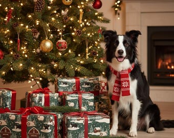 Border Collie Christmas Wrapping Paper | Dog Lover Holiday Gift Wrap | Snowy Farm Scene with Sheep | Winter Barn and Pine Tree Design