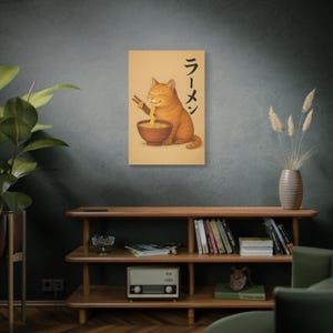Japandi Cat Ramen Poster | Orange Cat Japanese Canvas Wall Art | Kawaii Noodle Print | Minimalist Japandi Kitchen Decor | Zen Cat Lover Gift