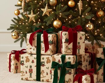 Vintage Christmas Wrapping Paper | Nutcracker Toy Pattern | Rocking Horse & Train Gift Wrap | Classic Holiday Nostalgia