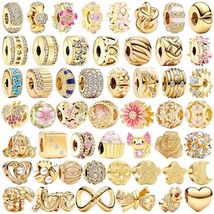 Gold Plated European Charm Beads for Bracelet – CZ & Enamel Spacer and Dangle Charms – Jewelry Making Gift