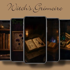 May include: Five smartphones displaying a mystical theme. Each screen shows a different scene, including a bookshelf with old books, a framed floral design, an open spellbook with a candle, crystals, and scrolls. The text "Witch's Grimoire" is at the top.