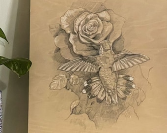 Hummingbird & Rose - Charcoal on Wood Original Art by Billy Smith