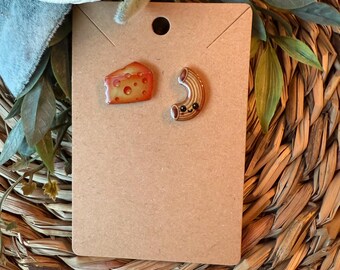 Mac and Cheese Stud Earrings, Kawaii Cheese Block & Macaroni Earrings, Handmade Shrink Plastic Jewelry Sealed with UV Resin, Foodie Gift