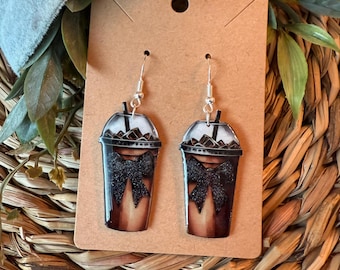 Iced Coffee Earrings with Black Glitter Bow, Hook Dangle Earrings, Shrink Plastic Jewelry, UV Resin Handmade Earrings, Coffee Lover Gift