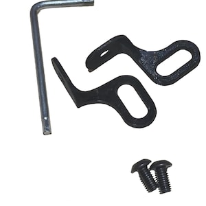 May include: A set of hardware components including two black L-shaped metal brackets with elongated slots, two small black machine screws with rounded heads, and one silver-coloured L-shaped hex key wrench for assembly and installation purposes.