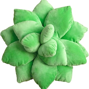 Puede incluir: Un cojín verde con forma de suculenta. El cojín está diseñado para parecerse a las hojas de una planta suculenta, con múltiples formas redondeadas en forma de pétalo de varios tamaños. El color es un verde vibrante y claro.
