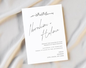 Puede incluir: Una invitación de boda blanca con caligrafía negra. La invitación incluye los nombres "Ibrahim + Halima" y el texto "Solicite el placer de su presencia en su boda". Detalles adicionales incluyen la fecha, hora e información del lugar.