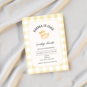 One Lucky Duck | Birthday Invitation | First Birthday | Yellow Gingham | Invite