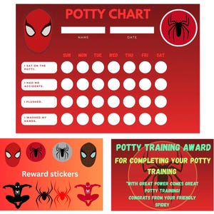 May include: A red and white potty training chart with a Spider-Man theme. Includes spaces for name and date, a reward chart, and a potty training award. Features the text "Potty Chart" and "Potty Training Award".
