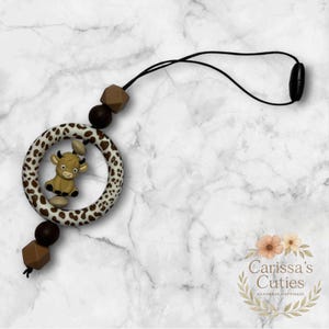 Highland Cow Car Charm – Silicone Beads & Animal Print Ring – Boho Western Style