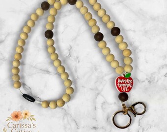 Cordón de cuentas Teacher Life – Dije de manzana – Porta credencial de madera para profesor
