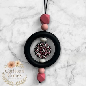 Mandala Car Charm – Pink & Black Silicone Beads – Boho Rearview Mirror Hanger