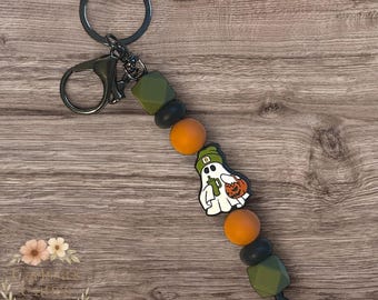 Beaded Halloween Ghost Keychain: Spooky Pumpkin Charm