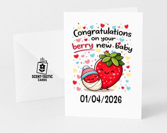 Baby Congratulations Card, Berry new baby, New arrival, New baby card, Personalized with date