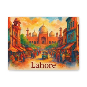 Lahore Cityscape Watercolor Art Print: Badshahi Mosque, Pakistan