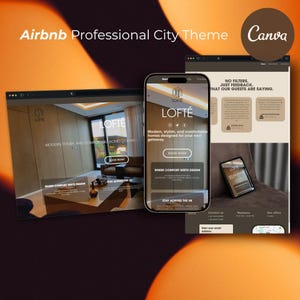 Op de afbeelding: Een digitale mockup met een website- en mobiele app-ontwerp voor "LOFTÉ", een Airbnb-thema. Het ontwerp heeft een moderne, stijlvolle esthetiek met de tekst: "Moderne, stijlvolle en comfortabele huizen ontworpen voor uw volgende uitje."