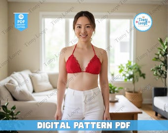 May include: A red crochet halter top with a scalloped edge. The image also displays white pants and the text "DIGITAL PATTERN PDF". The top is part of a crochet pattern, as indicated by the "PDF CROCHET PATTERN" logo.