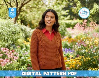 Patroon voor een grof gehaakte kabeltrui, damespullover met col (PDF-patroon)