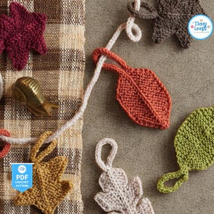 Può includere: Ornamenti a forma di foglie all'uncinetto in vari colori, tra cui rosso, arancione, verde e beige. Ogni foglia ha un anello per appenderla. Le foglie sono disposte su uno sfondo neutro, suggerendo un tema autunnale.