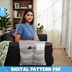 May include: A gray and white crocheted couch arm organizer with two pockets, holding a remote and books. The text "DIGITAL PATTERN PDF" is displayed at the bottom. A "PDF CROCHET PATTERN" banner is in the upper left.