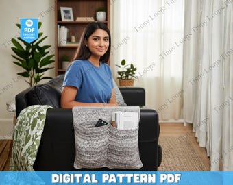 Organizador de sofá de ganchillo con patrón de cesta, organizador de bolsillo para sofá, soporte para control remoto de ganchillo, reposabrazos, patrón de ganchillo, decoración del hogar, almacenamiento para sofá
