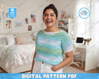 Modelo de camiseta de crochê para o verão, blusa patchwork com quadrados estilo vovó (padrão em PDF)