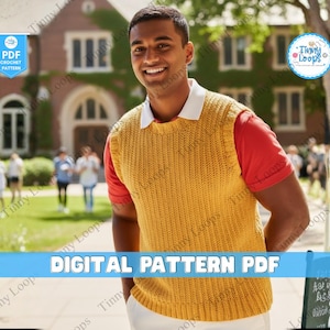 May include: A man wearing a mustard yellow crochet vest over a red shirt and white collared shirt. The image includes the text "DIGITAL PATTERN PDF" in a blue banner. The background shows a college campus.