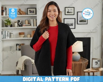 May include: A woman wearing a black, textured, open-front cardigan over a red long-sleeved shirt. The image includes text that reads "DIGITAL PATTERN PDF" and "PDF CROCHET PATTERN". The background features a living room setting with a bookshelf and framed pictures.