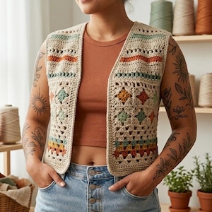 May include: A cream-colored crochet vest with colorful geometric patterns. The vest features a V-neck design and is adorned with squares and stripes in shades of green, orange, and yellow. The vest is worn over a brown top and blue jeans.