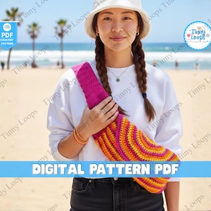 Pode incluir: Uma vibrante bolsa de ombro de crochê em tons de rosa, laranja e amarelo. A bolsa é usada no ombro. A imagem também inclui o texto "DIGITAL PATTERN PDF". O fundo mostra uma cena de praia com palmeiras.